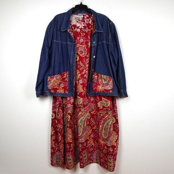 Vintage Silhouettes Maxi Dress and Denim Jacket Plus Size 3X Red Paisley - Picture 1 of 16